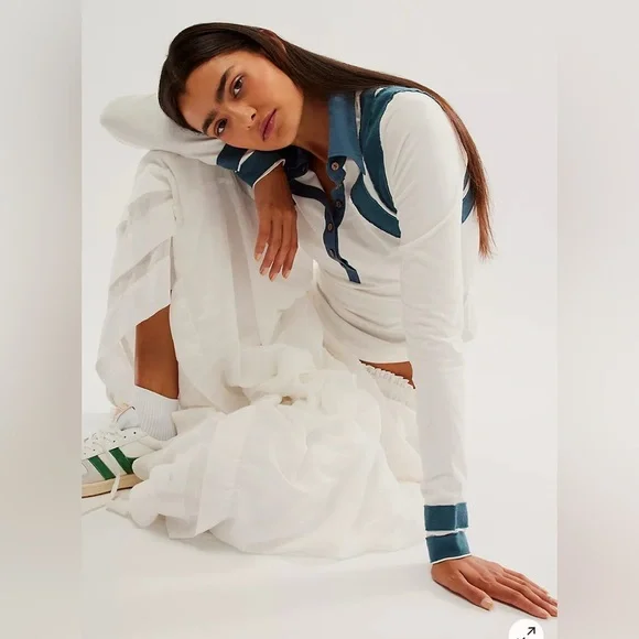 Free People White and Teal Long Sleeve Top - Picture 4 of 10